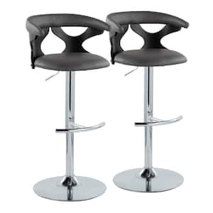 Gardenia 32.5 in. Grey Faux Leather, Black Wood and Chrome Metal Adjustable Bar Stool (Set of 2)