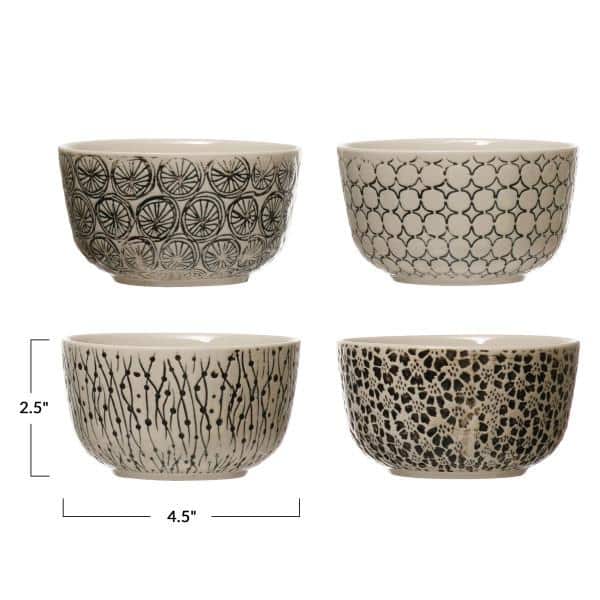 Hand-Stamped Ceramic Salad Bowls with Embossed Patterns, Black and Cream