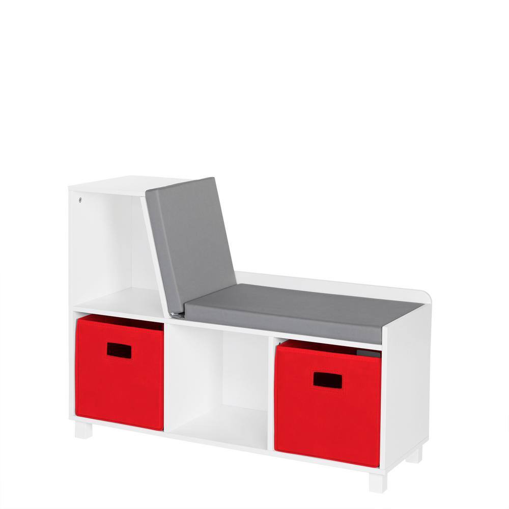 35 in. Wide Painted Kids Reading Nook Cushioned Toy Storage Bench with Cubby Organizers and 2-Red Fabric Bins