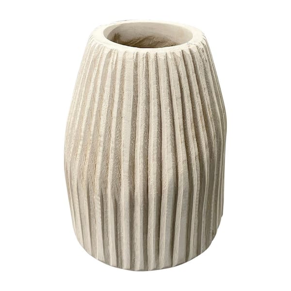 Liv & Skye 8 in. White Wood Ridged Decorative Vase