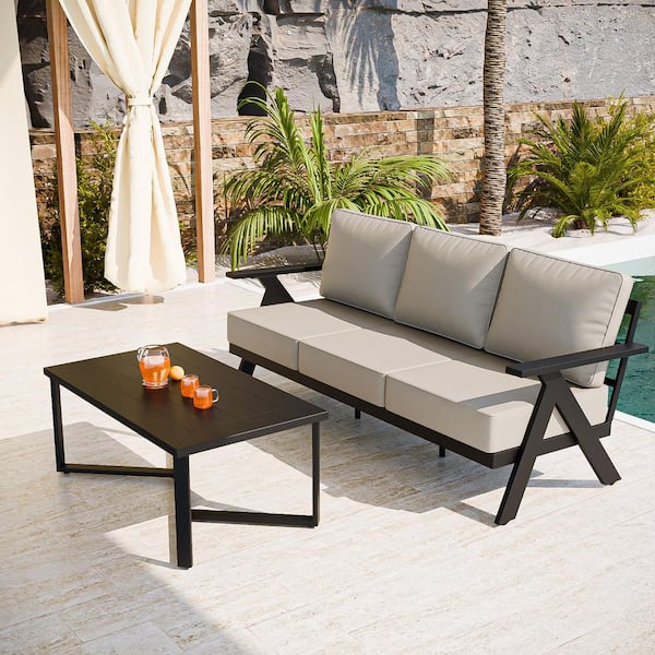 2-Piece Black Aluminum Outdoor Patio Couch 3-seater Sofa with Beige Cushion, Patio Conversation Set with Coffee Table