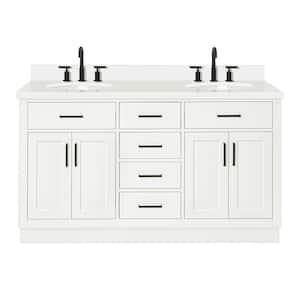 Hepburn 61 in. W x 22 in. D x 36 in. H Bath Vanity in White with Pure White Quartz Vanity Top with White Basins