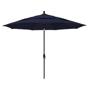 11 ft. Bronze Aluminum Market Collar Tilt DV Patio Umbrella in Navy Blue Pacifica