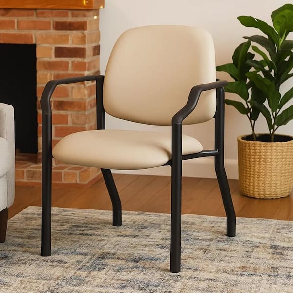 Theo Vinyl Upholstered Ergonomic Guest Chair in Beige and Black with Non-Adjustable Arms