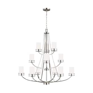 Robie 12-Light Brushed Nickel Craftsman Transitional Hanging Empire Chandelier with Etched White Inside Glass Shades
