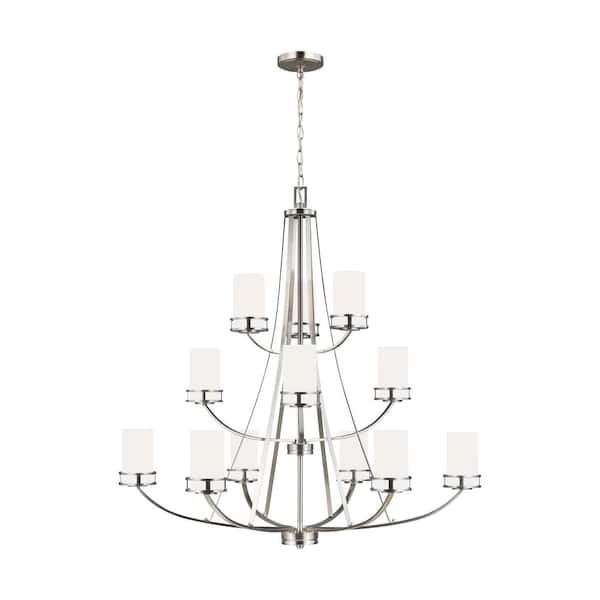Generation Lighting Robie 12-Light Brushed Nickel Craftsman Transitional Hanging Empire Chandelier with Etched White Inside Glass Shades
