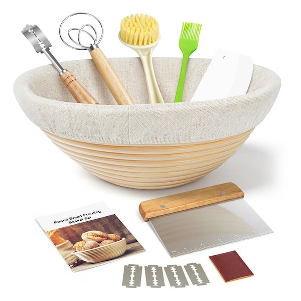 9 in. Rattan Banneton Bread Proofing Basket Set with Dough Whisk, Scoring Lame, Scraper and Brush for Sourdough Baking