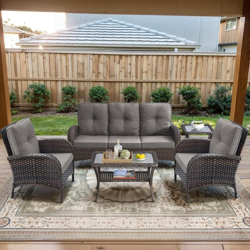 Brown 5-Piece Wicker Patio Conversation Set with Armchairs, Outdoor Sofa Seating Set with Olefin Gray Cushions price history on PriceWatchPro