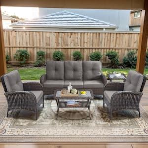 Brown 5-Piece Wicker Patio Conversation Set with Armchairs, Outdoor Sofa Seating Set with Olefin Gray Cushions