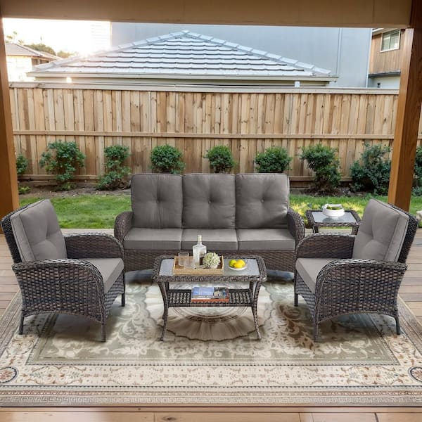 Brown 5-Piece Wicker Patio Conversation Set with Armchairs, Outdoor Sofa Seating Set with Olefin Gray Cushions