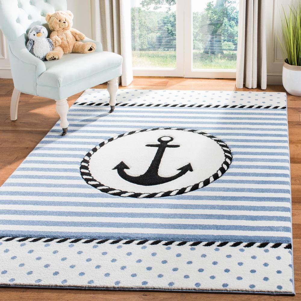 Ivory and Navy Striped Anchor Kids Area Rug, 4' x 4'