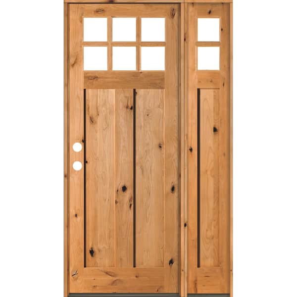 Krosswood Doors 50 in. x 96 in. Craftsman 3-Panel Right-Hand 6Lite Clear Glass Knotty Alder Clear Wood Prehung Front Door Right Sidelite
