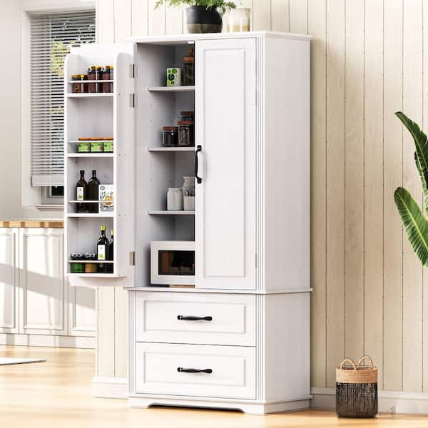 4-Shelf White Farmhouse Kitchen Pantry Organizer with 2-Large Drawers, 8-Door Shelves