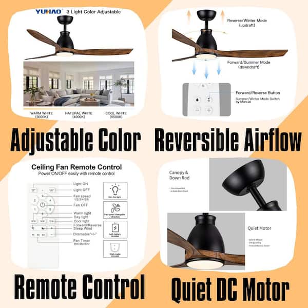 Classic Series 52 in. Smart Indoor Black Low Profile 5-Blade Ceiling Fan with Warm Light LED with Remote Included
