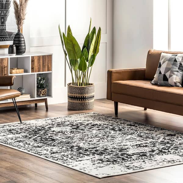 Jordana Vintage Distressed Medallion Black And White 8 ft. 10 in. x 12 ft. Indoor Area Rug
