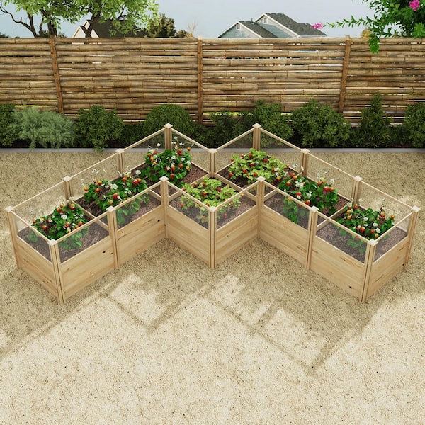 Garden 95.3 in. L x 95.3 in. W x 34.2 in. H Natural Cedar Wood L-Shaped Outdoor Floor Planter Set with Mesh Fencing