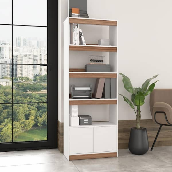 Manhattan Comfort Ratzer Mid-Century Modern 71.65 in. Tall White and Brown Particleboard 5-Shelf Standard Bookcase