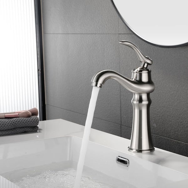 8.9 in. H Brass Single Handle Single Hole Bathroom Sink Faucet in Brushed Nickel