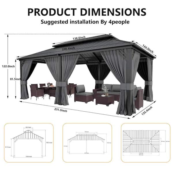 12 ft. x 20 ft. Gray Hardtop Gazebo with Curtain Grey