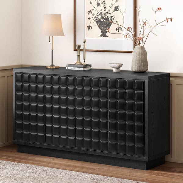 Black Ashtree Veneer and MDF 58.6 in. Sideboard with Adjustable Shelves, Metal Trim and 3D Geometric Doors