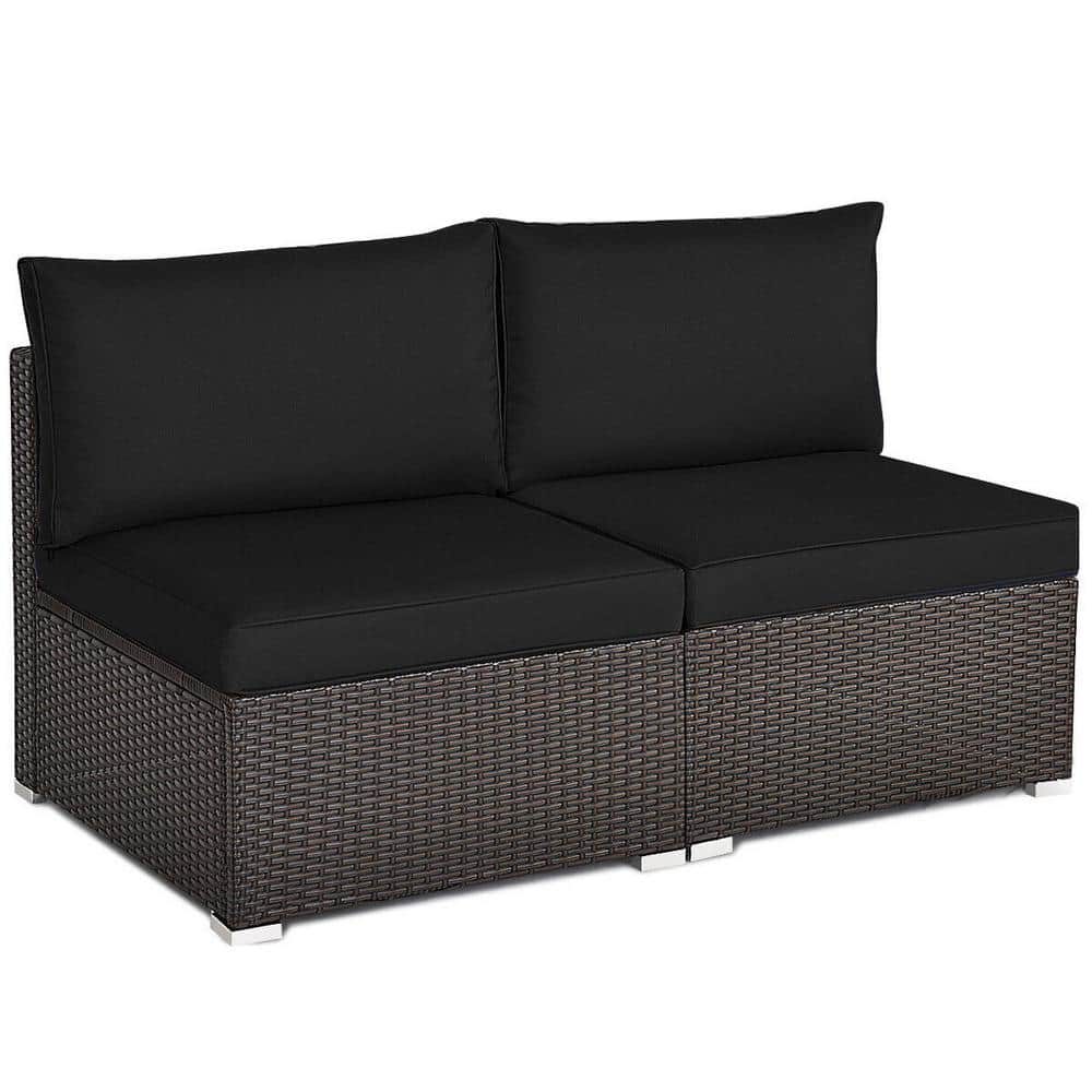 Outdoor 2-Pieces Rattan Armless Sofa Set with Black Cushions