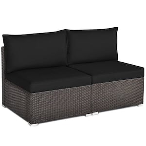 Outdoor 2-Pieces Rattan Armless Sofa Set with Black Cushions