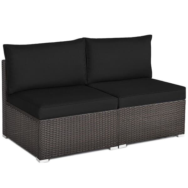 Unbranded Outdoor 2-Pieces Rattan Armless Sofa Set with Black Cushions