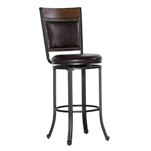 Terran Brown Rustic Umber Oak Wood Veneer with Dark Brown Faux Leather Swivel Barstool