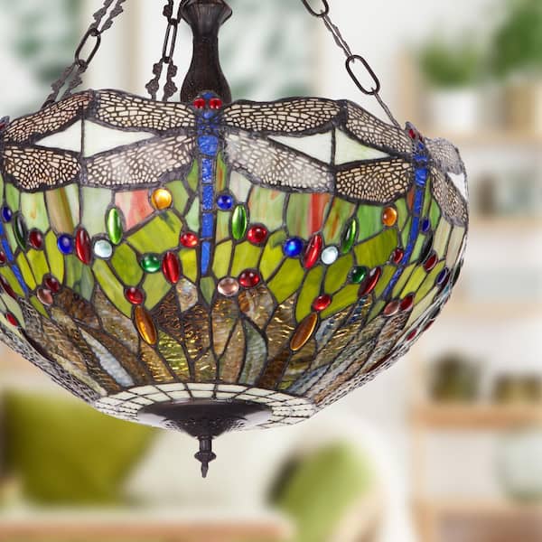 River of Goods Melanie 25.5 in. 3-Light Bronze Finish Bowl-Shaped Stained Glass Pendant Chandelier with Blue Dragonfly Shade
