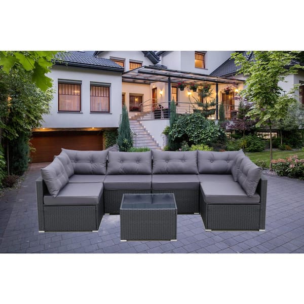 Nestfair 7-Piece Wicker Rattan Patio Conversation Set with Navy Blue Cushion and Glass Tea Table
