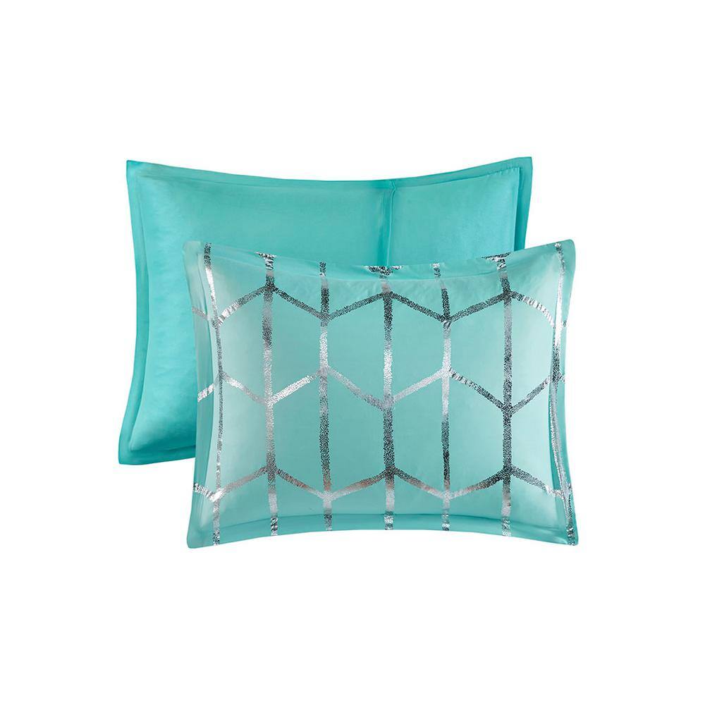 Aqua and Silver King Microfiber Comforter Set with Decorative Pillows