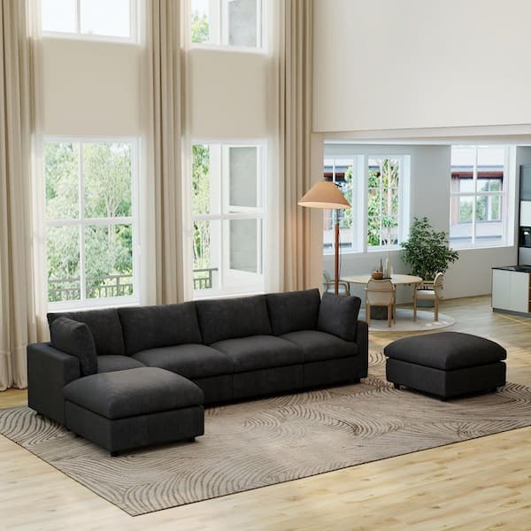 Magic Home 100 in. Square Arm 6-Piece Chenille L-Shaped Modualr Sectional Sofa Corner Couch with Ottomans for Gathering in. Black