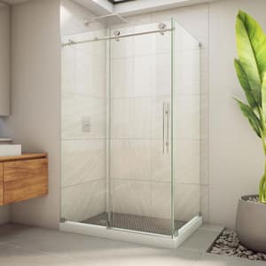 Enigma-X 32-1/2 in. D x 48-3/8 in. W x 76 in. H Frameless Clear Sliding Shower Enclosure in Brushed Stainless Steel