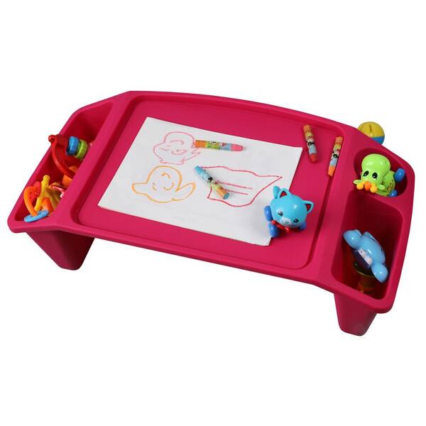 Basicwise Kids Lap Desk Tray - Portable Pink Activity Table For Homework, Drawing & Snacks