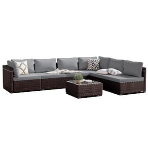 7-Piece Wicker Patio Conversation Seating Set with Light Gray Cushions and Coffee Table