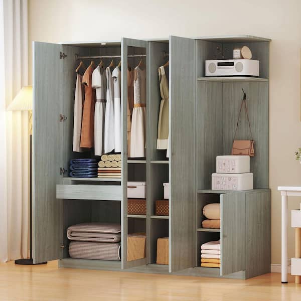 4-Door Gray Wood 58.9 in Wardrobe with Shelves, Drawers and Full Length Mirror
