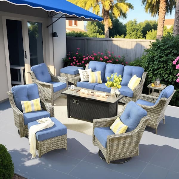Cherry 9-Piece Wicker Outdoor Furniture Patio Fire Pit Conversation Sofa Set with Swivel Chairs and Sky Blue Cushions