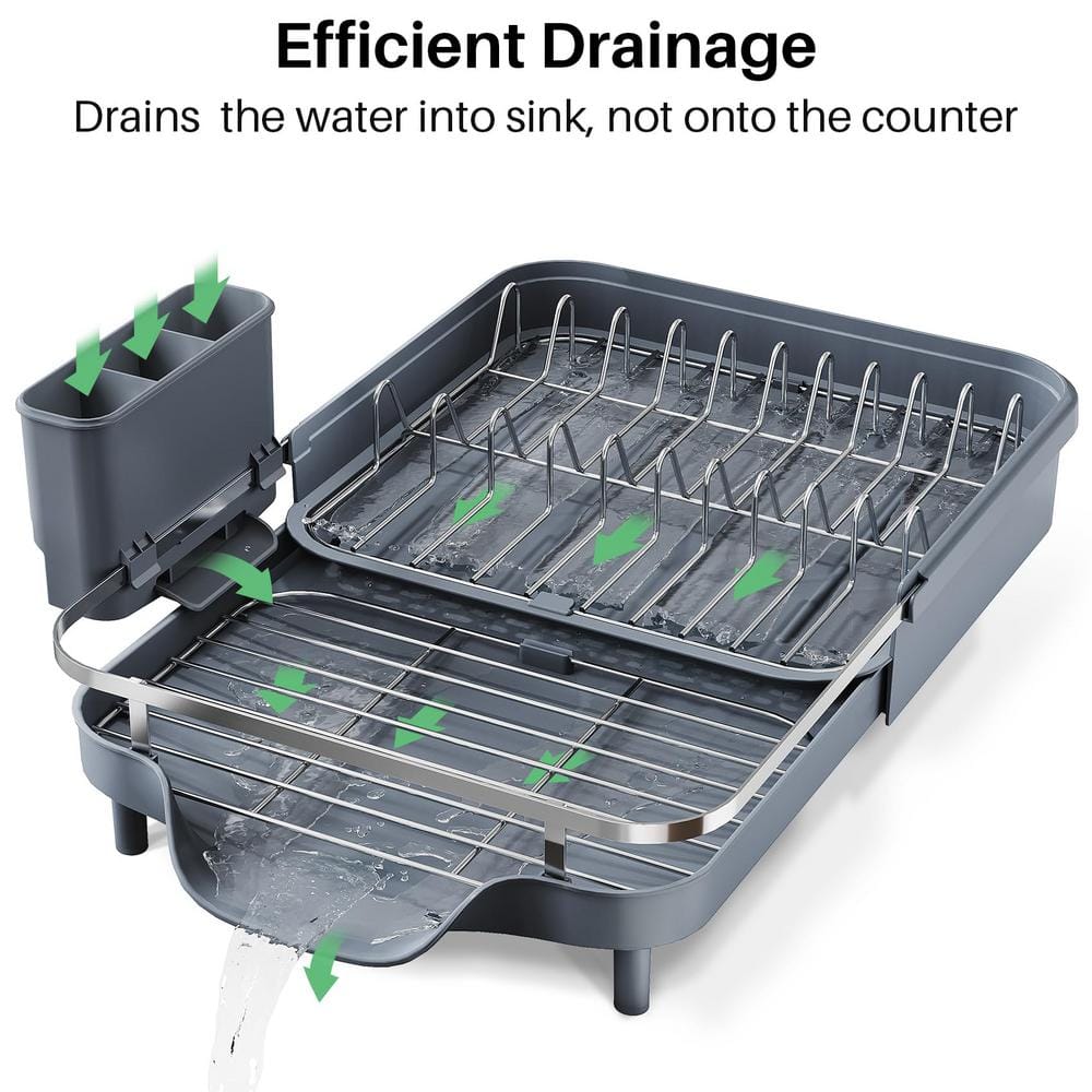 Gray Stainless Steel Expandable Dish Drying Rack with Utensil Holder