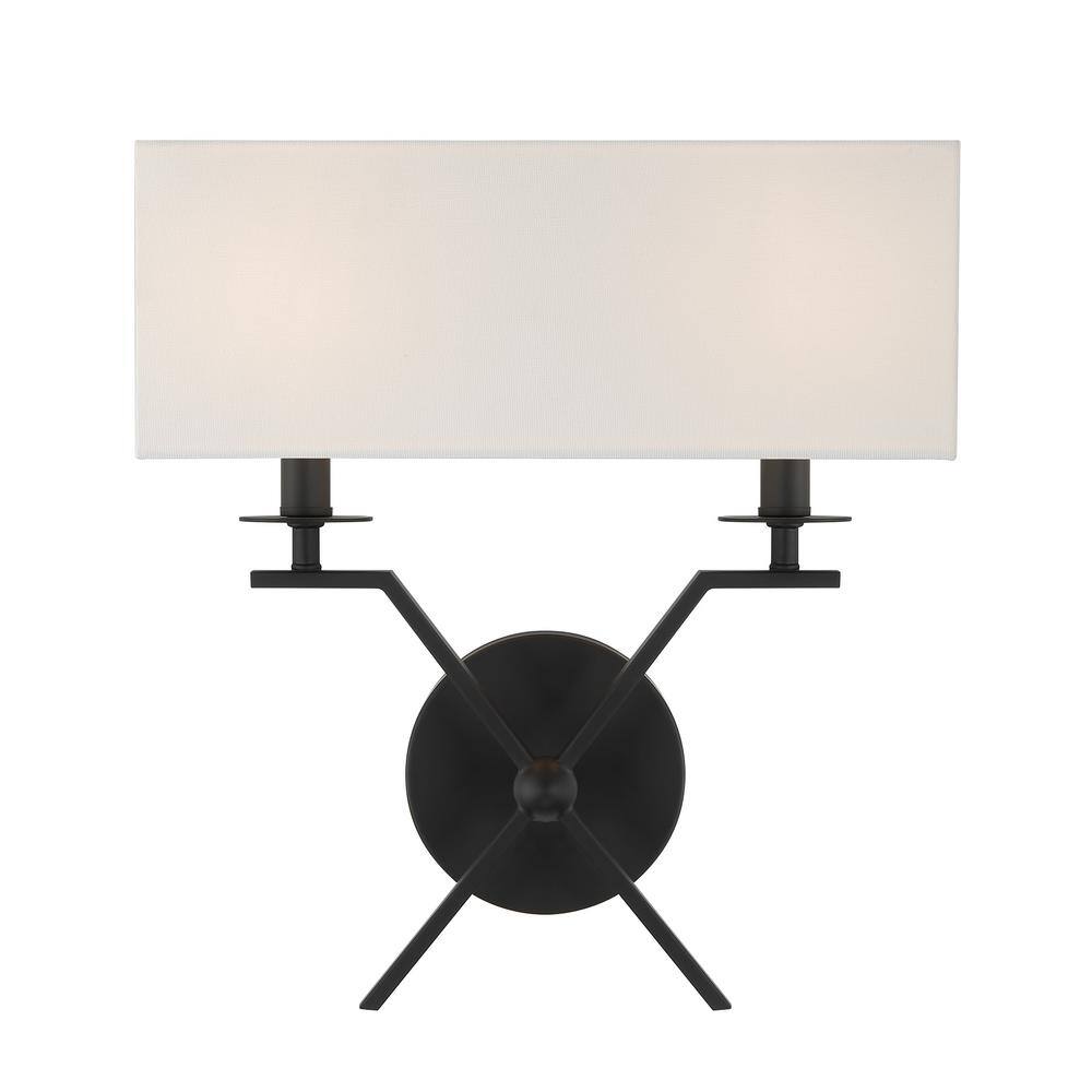 Matte Black 2-Light Wall Sconce with White Fabric Shade