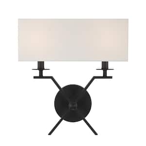 Arondale 2-Light Matte Black Wall Sconce with White Fabric Shade