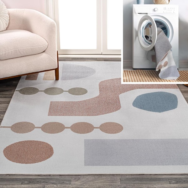 JONATHAN Y Riley Abstract Coastal Kids & Novelty Machine-Washable Cream/Multi 4 ft. x 6 ft. Area Rug