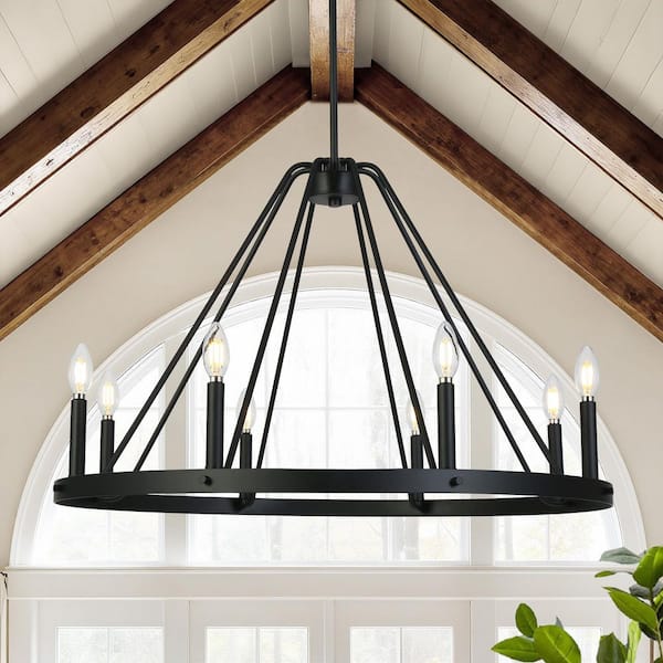 Industrial 32.5 in. W 8-Light Matte Black Wagon Wheel Chandelier for Living Room, Farmhouse Round Hanging Pendant Light