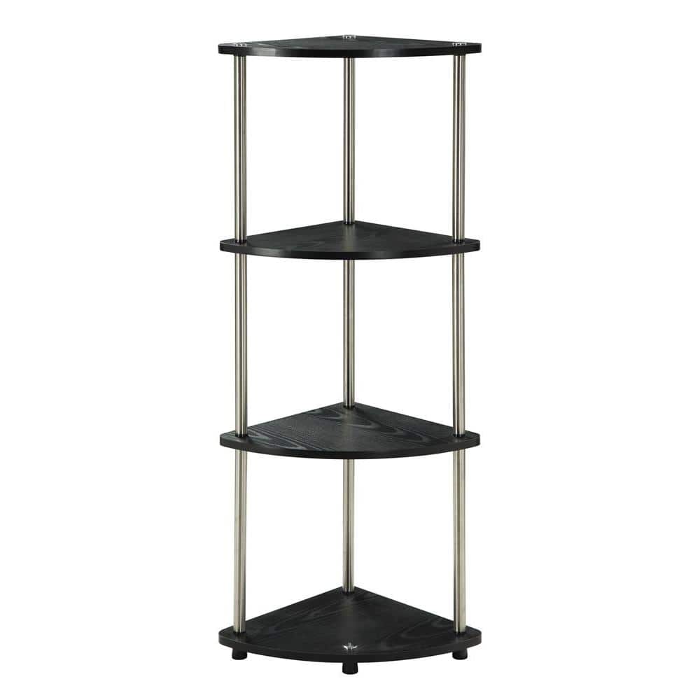 Black Wood 4-Tier Corner Shelf with Stainless Steel Poles