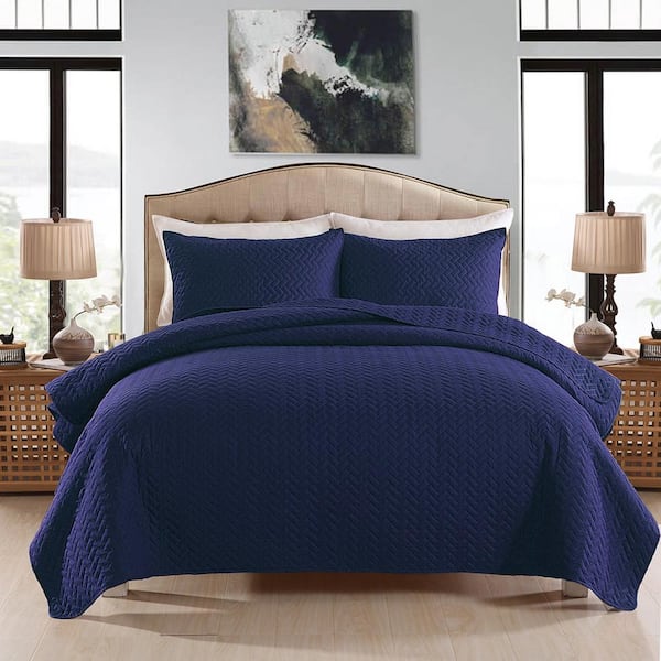3-Piece Navy Basket Weave Pattern Microfiber King Quilt Set
