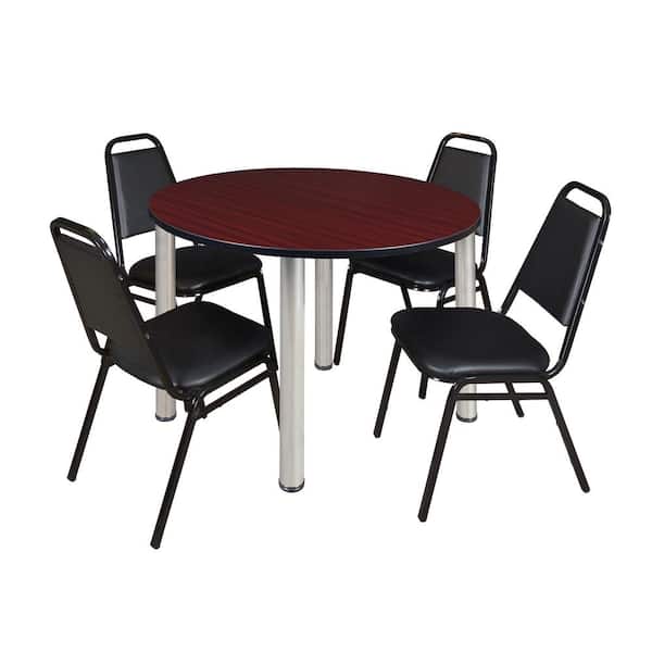 Regency Rumel 48 in.Round Chrome and Mahagony Wood Breakroom Table and 4 Restaurant Stack Chairs (4-Capacity)