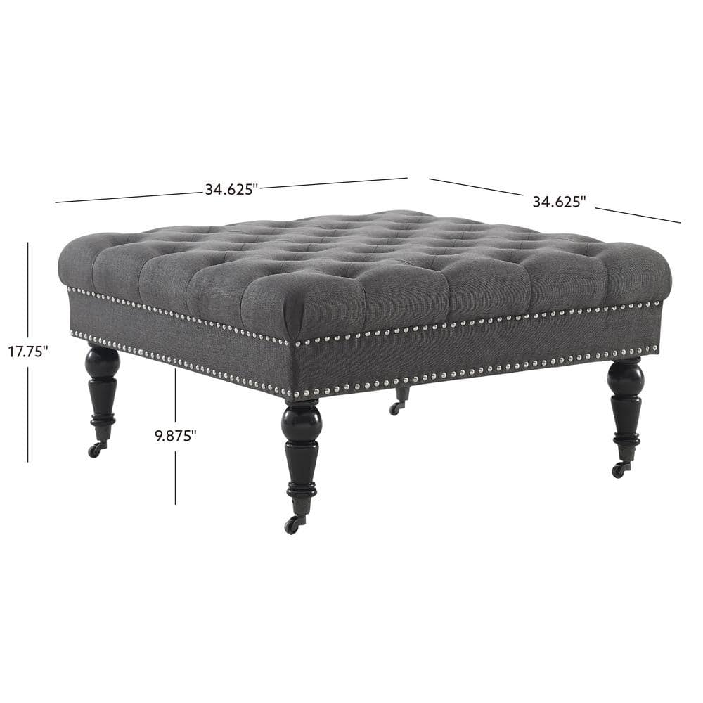 Isabelle Charcoal Linen 35" Square Tufted Ottoman with Nailhead Trim