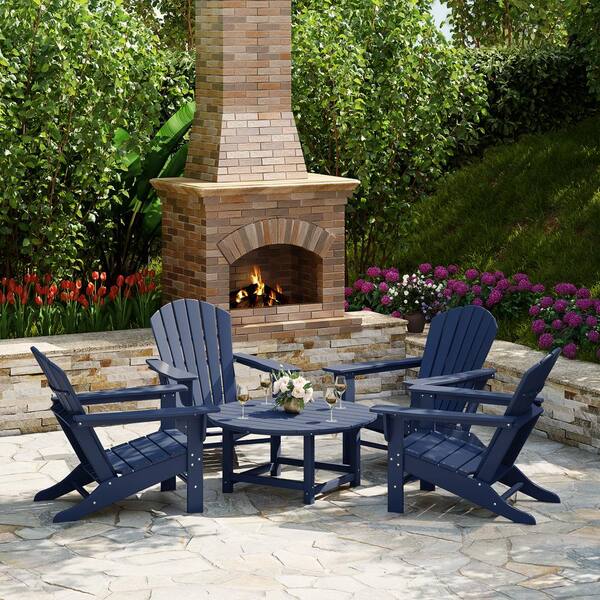 Altura Fade Resistant HDPE Plastic Navy Blue 5-Piece Adirondack Chair Outdoor Patio Conversation Set, Round Coffee Table