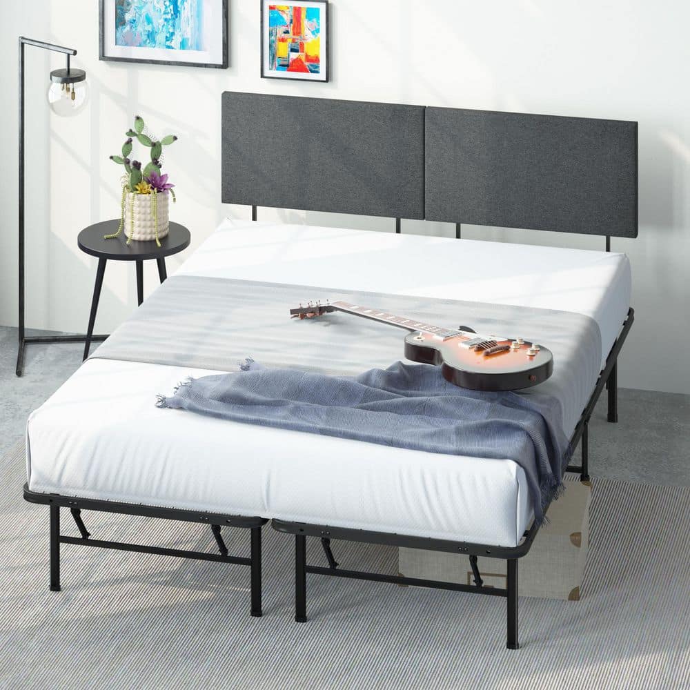 Zinus SmartBase Black Queen Metal Bed Frame With Upholstered Headboard ...