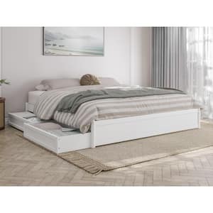 Barcelona White Solid Wood Frame King Panel Platform Bed with Storage Drawers