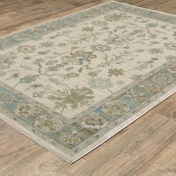 Maco Beige/Blue 10 ft. x 13 ft. Distressed Floral Oriental Polypropylene Fringe-Edge Indoor Area Rug